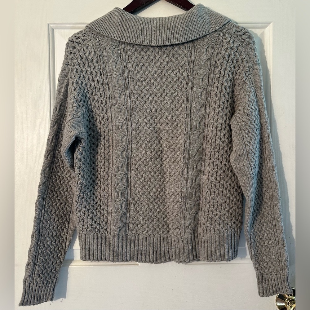 JASON WU Small Wool Blend Toasted Gray Cropped Cable Knit V Fisherman Sweater - Picture 11 of 11